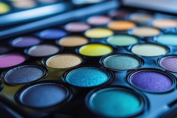 Colorful palette containing round cosmetic powders in varying vibrant colors