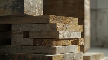Stacked timber planks show weathered wood grain and rough-cut edges under soft, natural light