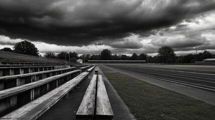 A bleacher-side view of the track with moody shadows stretching across the lanes