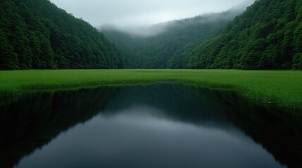 Obraz premium Misty Mountain Valley Reflecting in Calm Water