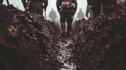 Battle-worn soldiers in tattered uniforms standing in a muddy trench with smoke and fog, conveying the grim reality of civil war and the harsh conditions of military conflict.