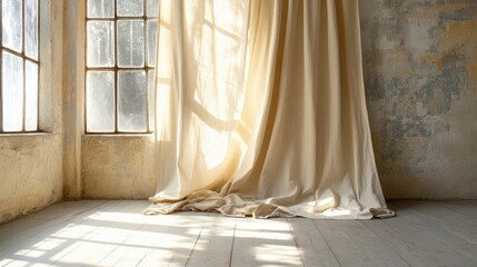 Compact stage with light tan drapes pulled open, sunlight filtering through delicate fabric