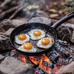 Eggs frying in a skillet over a campfire. Smoky breakfast
