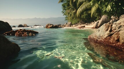 Obraz premium Tropical Island Paradise Crystal Clear Water Palm Trees Rocks