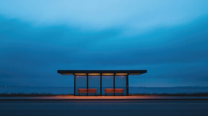 Dramatic evening shot of a forgotten bus stop, benches clean, sky heavy and dark