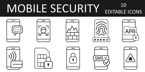 Mobile security icon set with 10 editable illustrations, including fingerprint login, SIM lock, malware alert, app protection, and secure SMS code verification.