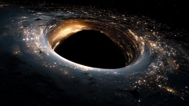 Black hole simulation with Earth&rsquo;s city lights forming a glowing ring, camera rotates subtly to reveal perspective