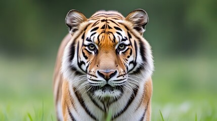 Fototapeta premium Tiger stares intently, focused gaze. Close-up of a magnificent wild tiger