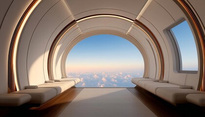 Fototapeta premium Modern interior design featuring a circular room with a stunning cloud view.