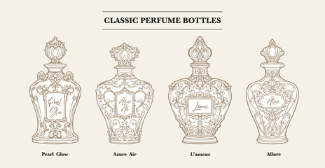Elegant vintage perfume bottles with intricate designs. Perfect for luxury branding, packaging, or decor projects. Download these ornate illustrations for a classic touch!
