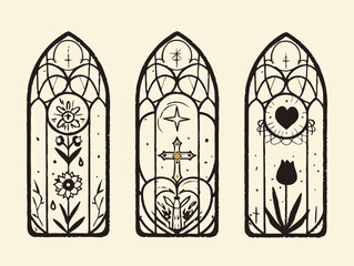 Gothic Window Set: Intricate designs of three Gothic windows with distinct motifs, featuring flowers, cross, stars, and a heart.