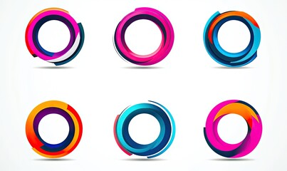 Six vibrant, abstract circular designs; dynamic, layered, colorful swirls