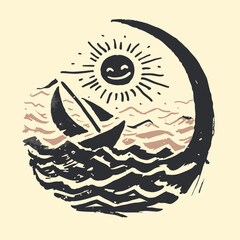 Sailing on the Smiling Sea: A whimsical illustration of a sailboat gracefully navigating the ocean's waves under a cheerful sun.
