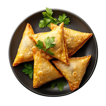 Extreme top view of an extremely perfect looking samosa in a dark plate isolated on a white transparent background