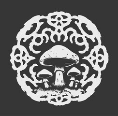 Fototapeta premium Mystical Mushroom Medallion: A delicate illustration of mushrooms set against a dark backdrop, evoking a sense of natural enchantment and artistic charm.