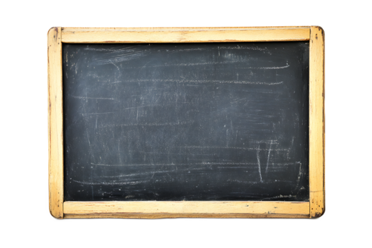 A worn chalkboard with a light wooden frame and chalk residue across the dark surface area of the board