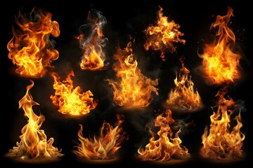 Fototapeta premium Series of fire effects, including flames and smoke, are shown in black
