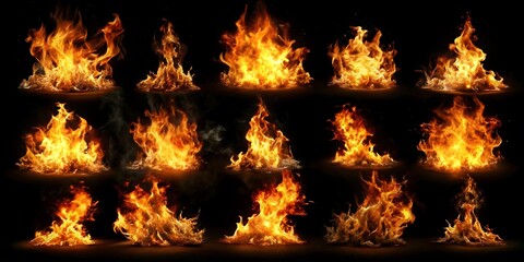 Series of fire effects with flames of different sizes