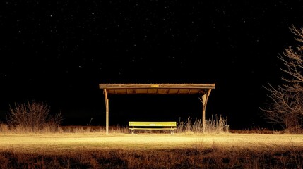 Rural bus stop at night with faint illumination, no signage and no waiting passengers