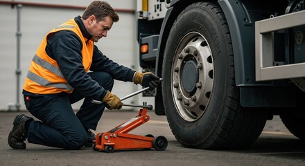 Truck mechanic repairing tire using a jack in a service area  