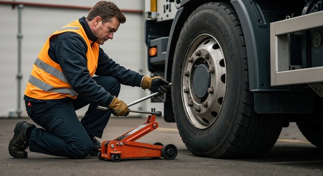 Truck mechanic repairing tire using a jack in a service area  