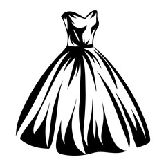 Stylized black and white vector drawing of an elegant strapless evening gown
