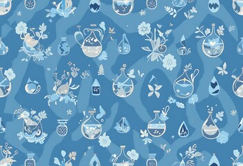 Enchanted Blue Botanicals: A Serene, Whimsical Bottle Pattern