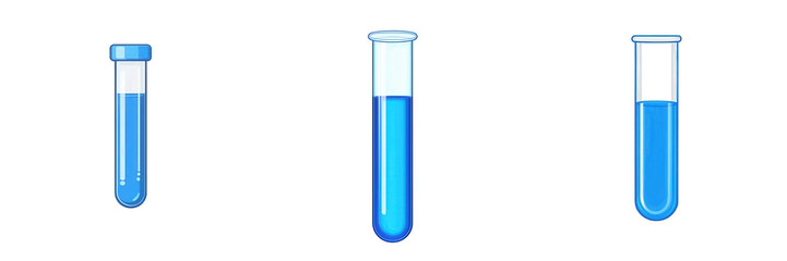 A collection of three laboratory test tubes filled with blue liquid, showcasing scientific experimentation in a clean, modern lab environment isolated on white or transparent png
