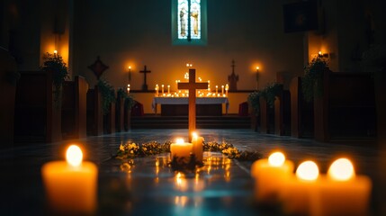 Serene Church Interior with Candles and Cross in Soft Light