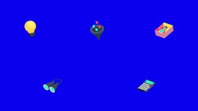 Idea, Filter, Magazine, Binocular, Calculator Business and Startup Icon Pack Insolated Blue Screen