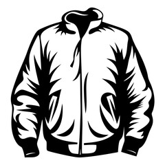 Black and white graphic of a jacket with zipper and pockets