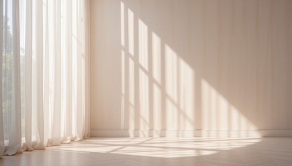Natural light streaming through sheer curtains in minimalist room interior design soft shadows calm environment wide angle view tranquility concept