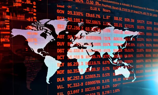 double exposure of advanced technology like servers and data centers overlaid with global finance symbols like currency exchange rates and world maps - Powered by Adobe