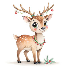 Fototapeta premium Watercolor Cute Reindeer Christmas on isolated transparent background
