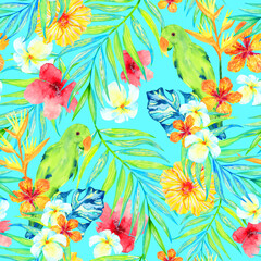 Obraz premium Summer tropical floral seamless pattern with parrots