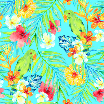 Summer tropical floral seamless pattern with parrots
