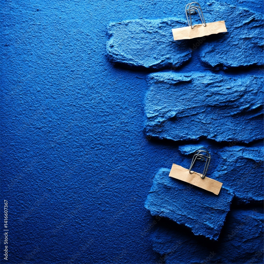 Poster abstract blue texture with memo slips and paperclips, background with dark blue wall and rough surfa