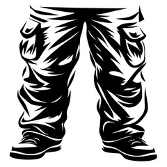 Stylized graphic illustration of cargo pants and sneakers in black and white