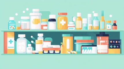 Medicine cabinet with various pills, bottles, and containers.