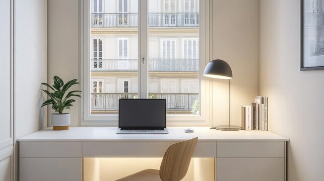 Compact work nook with laptop, lamp, and houseplant adding balance to clean design