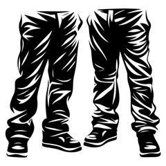 Stylized monochrome illustration of two pairs of jeans and sneakers facing forward