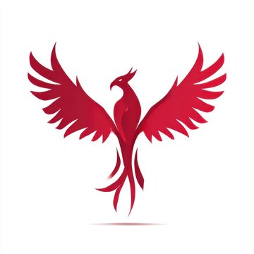 Stylized red phoenix bird with wings spread wide isolated on white background