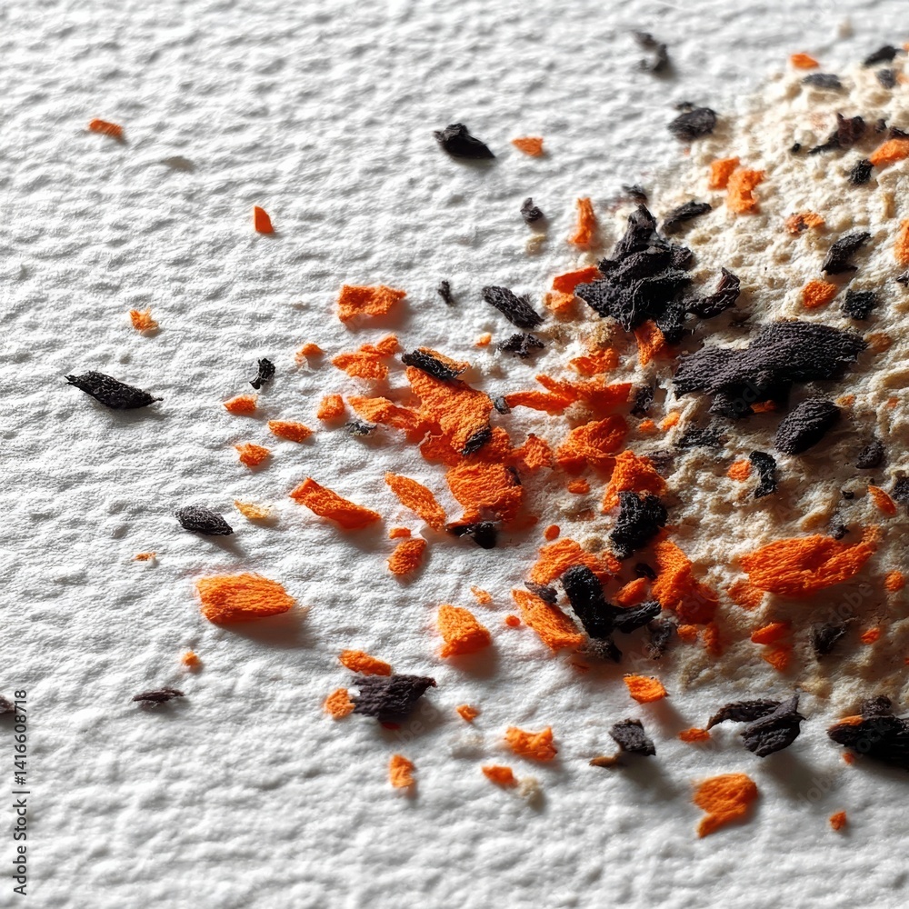 Poster abstract texture: close-up of black and orange crumbs on a textured white surface with contrasting s