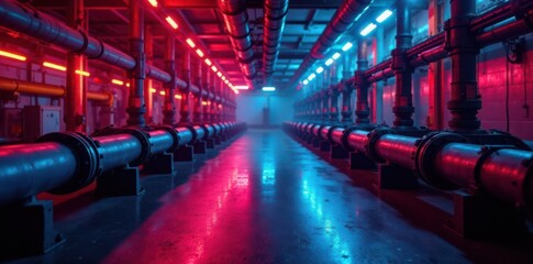 Industrial pipe installation with neon lights, minimalist, neon