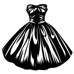 Elegant Black and White Strapless Gown Illustration with Full Flared Skirt