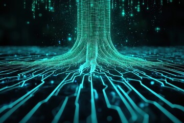 Digital tree roots intertwine with glowing circuit board. Futuristic technology