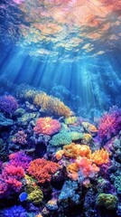 Fototapeta premium Vibrant coral reef illuminated by sunbeams underwater paradise scene