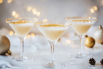 Festive cocktails, light cream colored drinks, garnished with gold