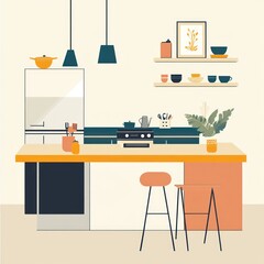 Modern minimalist kitchen interior design with island, stools, and shelves.