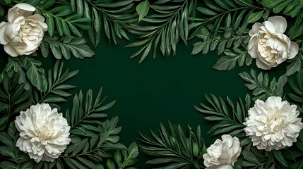 Gordijnen Elegant white flowers and lush green leaves create a stunning frame on a dark green background. Perfect for invitations, cards, or branding. © fara